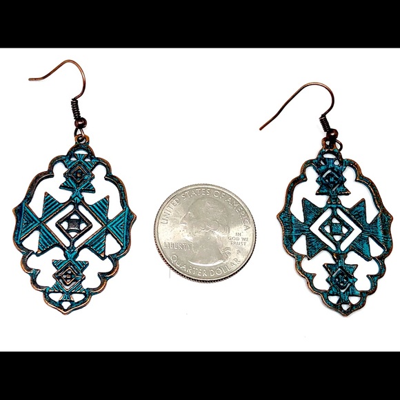 Verdigris Patina Copper Southwest Style Boho Openwork Statement Dangle Earrings - Picture 3 of 3